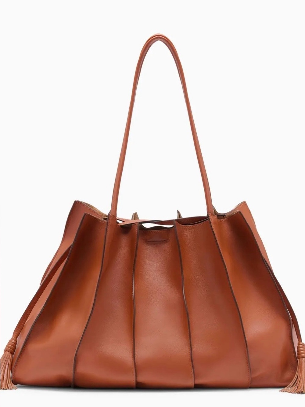 Ulla Johnson Warm Cognac Pleated Leather Tote with Tassels
